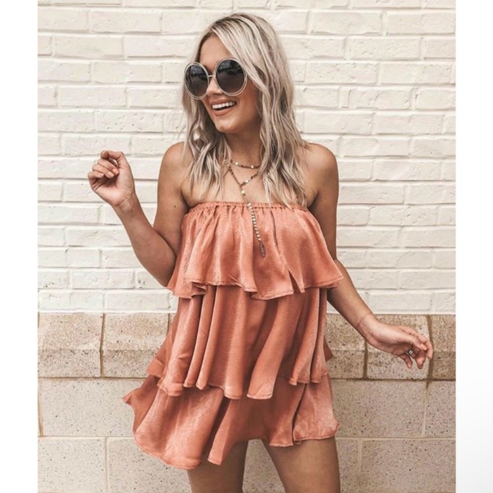 *Show Me Your Mumu* Pink Satin Triple Decker Off Shoulder Ruffle Romper